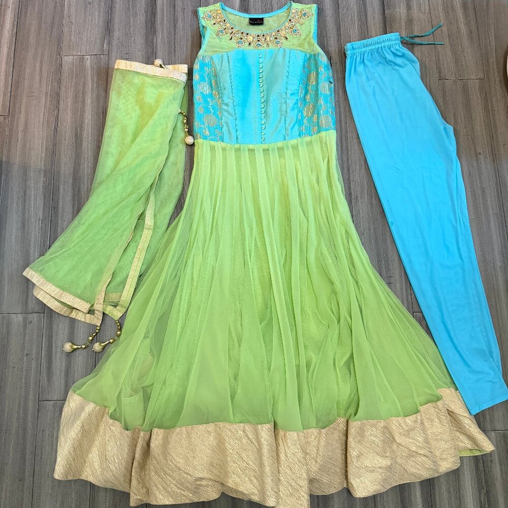 🌟 Turquoise & Lime Green Anarkali Suit with Pants + Dupatta 🌟